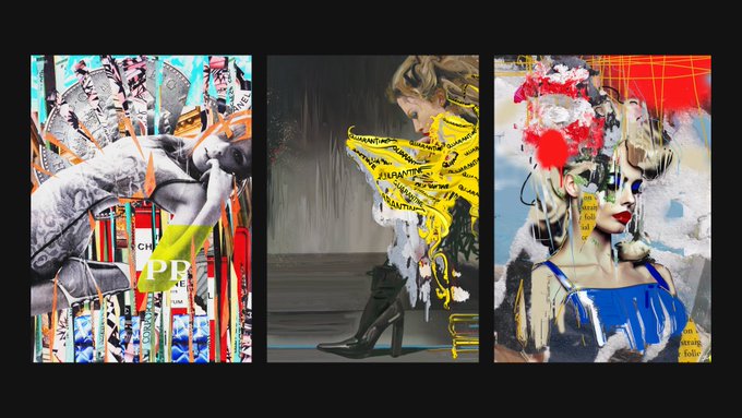 Three pieces of mixed-media collage artwork displayed side by side on a black background, featuring torn paper, text fragments, painted elements in red, yellow, and blue, and stylized human figures.