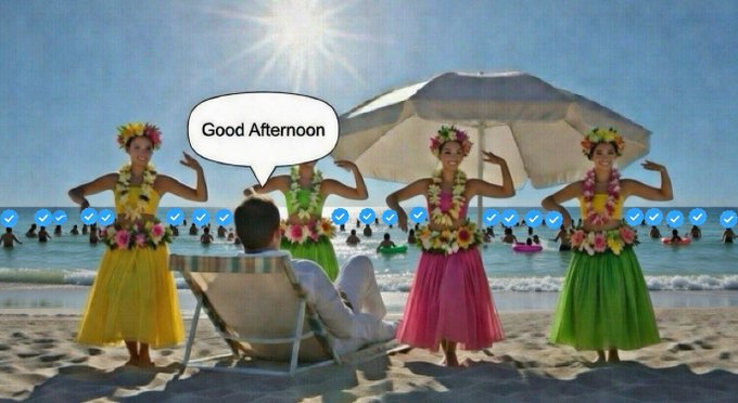 A man relaxing on a beach chair is greeted by hula dancers with a speech bubble reading "Good Afternoon," visually echoing the post's warm, welcoming "Just say Hey" gesture and hinting at a relaxed midday atmosphere.