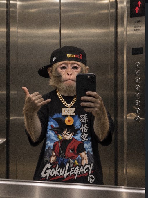 A monkey taking a mirror selfie in an elevator, wearing a black Dragon Ball Z cap, a gold chain, and a black t-shirt featuring the character Goku and the text "Goku Legacy".