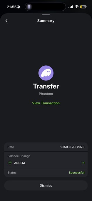 Phantom wallet 'Summary' screen showing a successful Transfer transaction dated 18:59, 8 Jul 2026, with a balance change of +1 $ANSEM.
