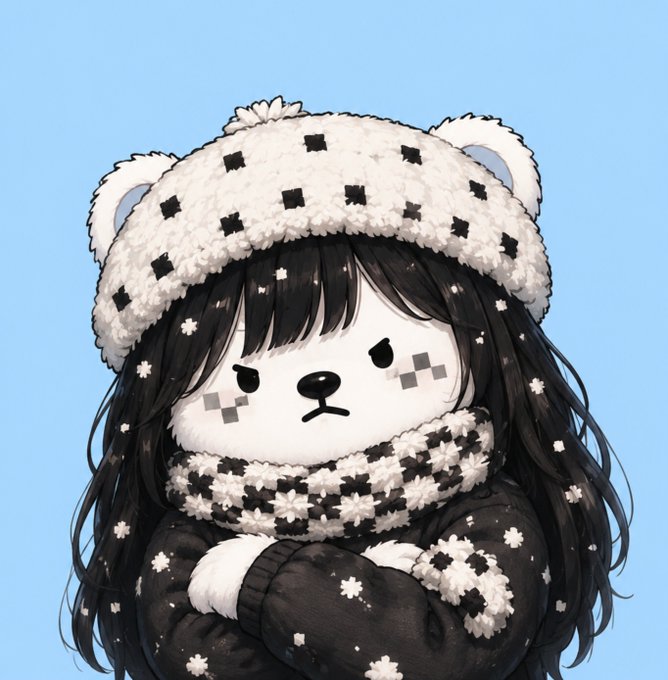 An illustration depicts a character with long black hair wearing a fluffy white bear hat with black squares, a matching scarf, and a black outfit adorned with snowflakes.