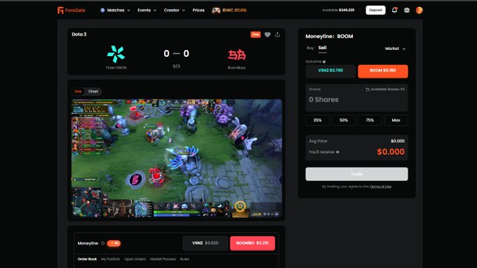 A screenshot of a FanStake platform interface displaying a live stream of a Dota 2 match between Team VIBO and BOOM, with betting options showing odds for 'BOOMBO' at $0.120 and a 'Moneyline' market available for trading.