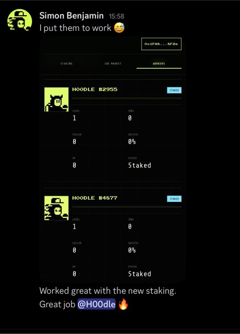 Simon Benjamin shares a screenshot of HOODLE #2955 and HOODLE #8457 with 1 level each and "Staked" status, captioned "I put them to work," giving real-world proof of the HOODLE staking feature the post promotes as a developer-built upgrade.