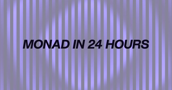 A graphic with a purple striped background displaying the bold text 'MONAD IN 24 HOURS'.