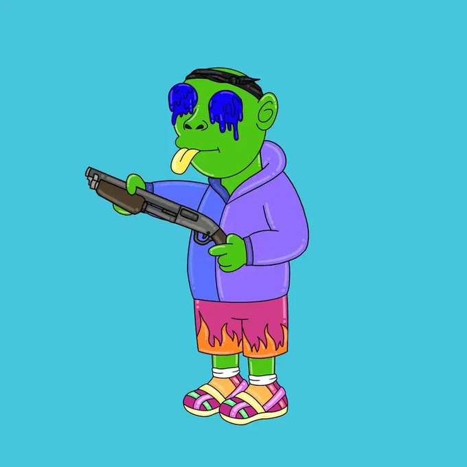 A cartoon illustration of a green-skinned character with blue sunglasses, a purple hoodie, pink/orange flame-patterned shorts, and colorful sneakers, holding a shotgun against a teal background.