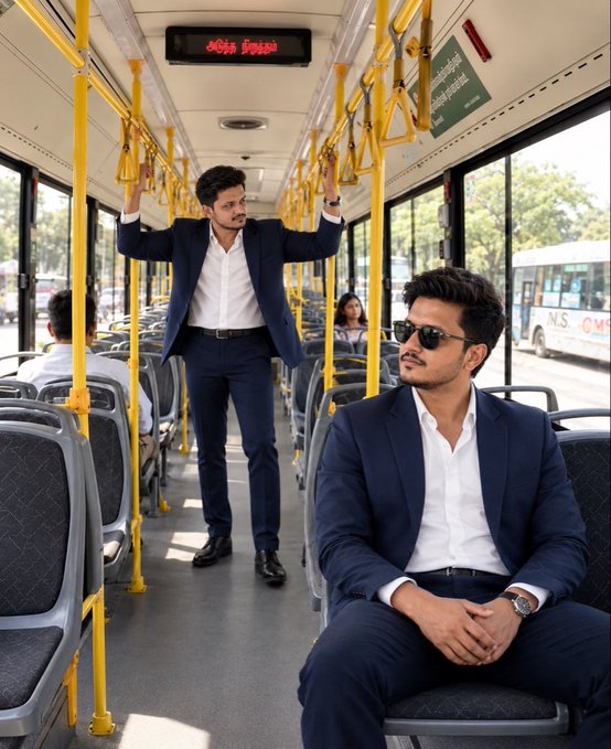 Interior of a public bus featuring two men in navy blue suits; one seated wearing sunglasses, and another standing holding onto yellow handrails.