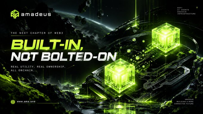 An advertisement for Amadeus featuring the text "THE NEXT CHAPTER OF WEB3 BUILT-IN, NOT BOLTED-ON REAL UTILITY. REAL OWNERSHIP. ALL ONCHAIN" alongside futuristic green glowing cubes on a dark technological landscape.