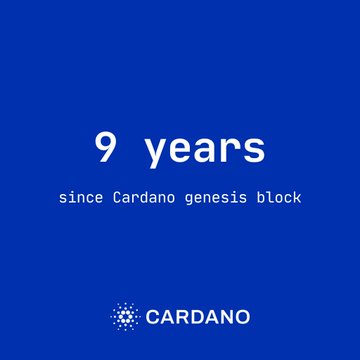 A blue graphic with white text reading '9 years since Cardano genesis block' and the Cardano logo at the bottom.
