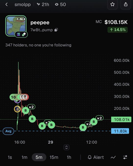A DexScreener chart shows the meme token "peepee" (ticker 7wBt...pump) with a market cap of $108.15K (+14.5%) and 347 holders, displaying a classic pump-and-dump pattern with an initial spike near $600K followed by a sharp decline and gradual recovery. The chart visually supports the post's claim of a buying opportunity, showing the token consolidating at relatively low levels after its initial peak — though the volatile history could also argue against it reaching "millions."