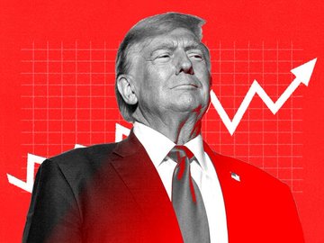 A red-tinted image of Donald Trump in a suit with an upward-pointing arrow graph behind him.