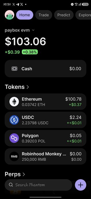 A Phantom wallet home screen shows a Paybox EVM portfolio valued at $103.06, up 0.38%, with token holdings including Ethereum ($100.78/0.03742 ETH), USDC ($2.24/2.23798 USDC), Polygon ($0.05/0.39203 POL), and 250,000 Robinhood Monkey tokens ($0.00). The image illustrates a crypto user's wallet, relevant to a thank-you post directed at the $GARRI ambassador following a token receipt.