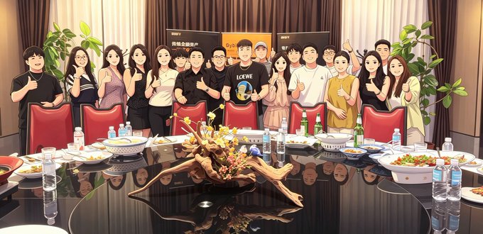 A cartoon/illustrated group photo of around twenty people posing together behind a large round dining table filled with dishes, with 'LCWE' branding visible in the background.