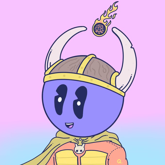 A cartoon-style purple character wearing a Viking helmet with horns and a yellow cape, with a flaming ball floating between the horns.