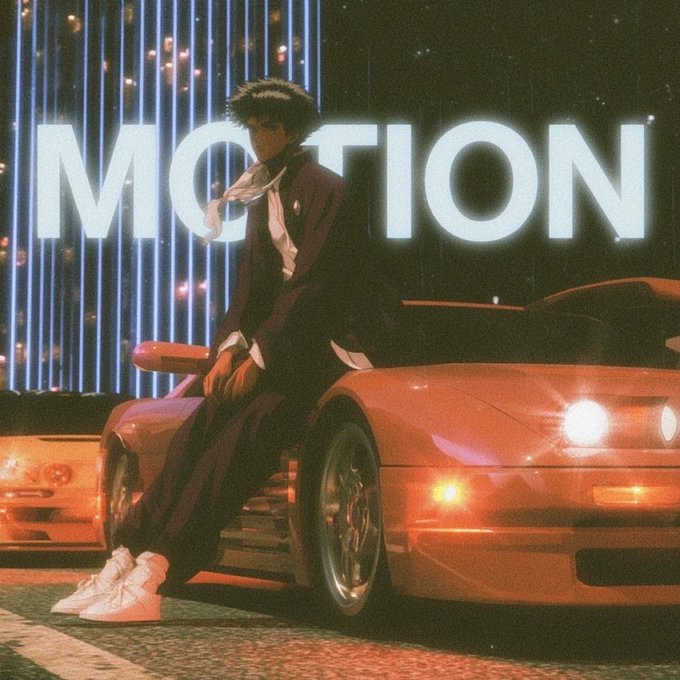 An anime-style figure in a dark jacket and white sneakers sits on a red sports car in front of an illuminated neon sign spelling 'MOTION'.