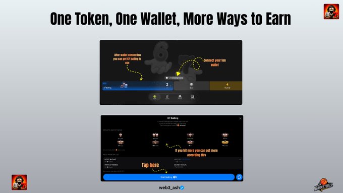 A promotional slide titled 'One Token, One Wallet, More Ways to Earn' showing screenshots of a crypto wallet interface with 'Tap here' and 'web3_ash' text.