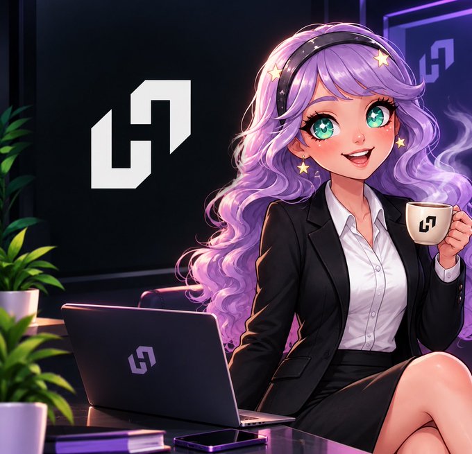 An anime-style digital illustration depicts a smiling woman with long wavy purple hair and green eyes, dressed in a black blazer over a white shirt, sitting at a desk with a laptop and holding a steaming mug, all featuring a distinctive interlocking logo.