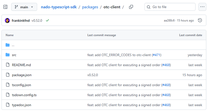 A screenshot of a GitHub repository page for 'otc-client' under the 'nado-typescript-sdk', showing recent commits and files including 'package.json' updated to 'v0.52.0'.