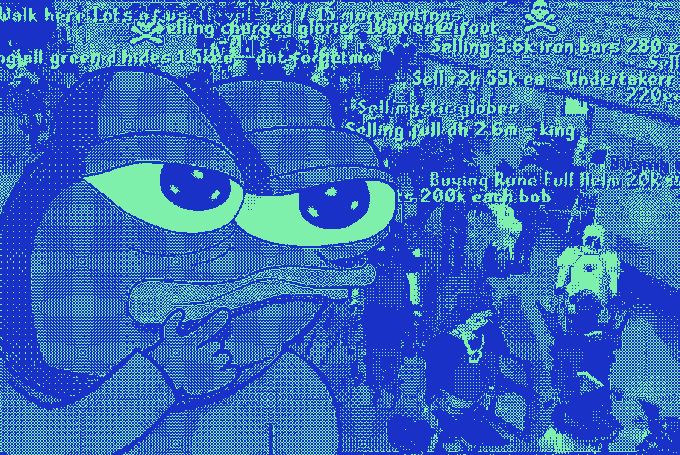 A cartoon Pepe the Frog with menacing eyes is overlaid with a chaotic chat log featuring RuneScape-style merchant text, including offers like "Selling 3.6k iron bars 280 ea," "Selling full dhar 2.5m king," and "Buying Rune Full Helm 20k ea." The meme humorously frames modern DeFi yield farming platforms as retro MMO merchant scams, reinforcing the post's joke about naming a vault after these gamified trading schemes.