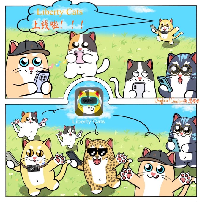 A comic illustration titled "Liberty Cats" featuring various cartoon cats with phones and cameras on a grassy field.