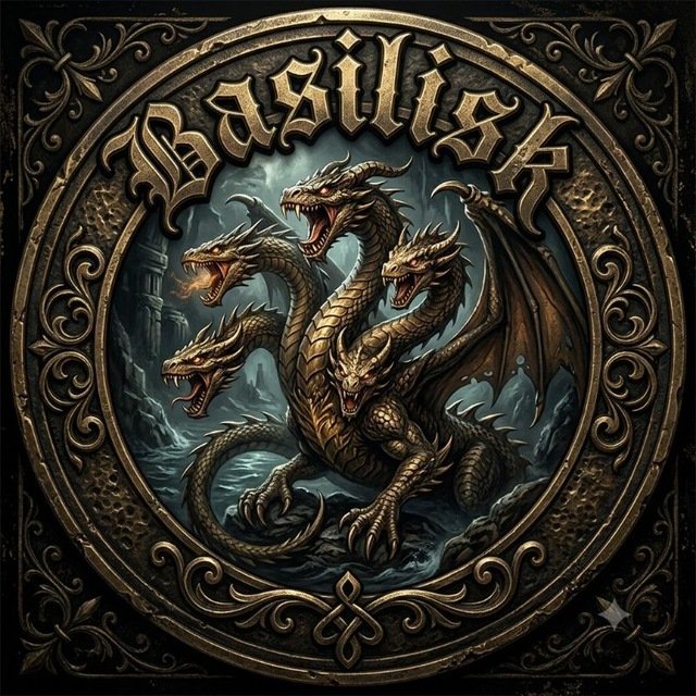 A dark fantasy emblem featuring an ornate circular bronze border with the word 'BASILISK' in gothic lettering, depicting a fierce multi-headed dragon-like creature in a misty landscape.