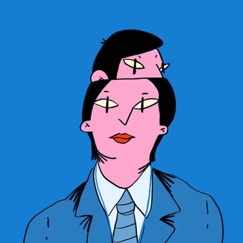 A stylized cartoon illustration of a person with a tall black hairstyle, pink face, red lips, and a blue suit and tie against a solid blue background.