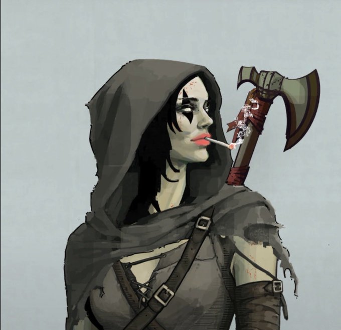 A digital illustration portrays a hooded female warrior with face paint, a lit cigarette, and a bloodied axe strapped to her back.