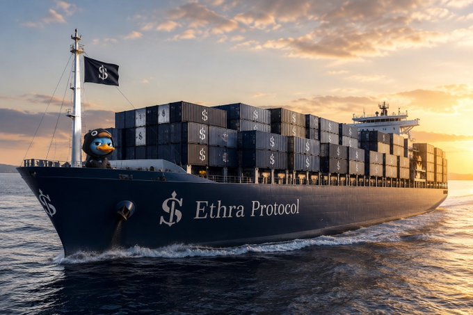 A large cargo ship labeled "Ethra Protocol" sails across the ocean at sunset, featuring a pirate duck mascot at the bow and containers marked with dollar signs, visually representing the project's goal of bringing real-world maritime shipping assets on-chain through tokenization.
