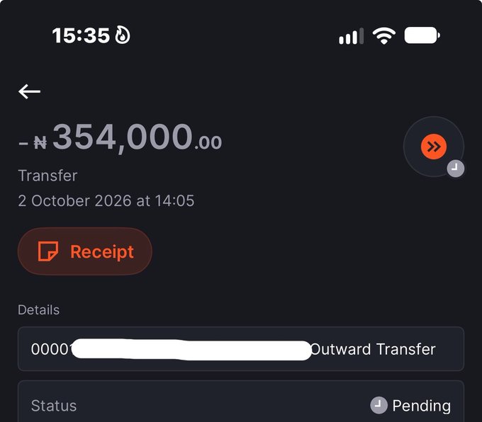 A mobile banking screenshot shows a pending transfer of -₦354,000.00 dated 2 October 2026, with the recipient's account number partially redacted, illustrating the user's complaint about NIBSS downtime leaving their 350k stuck in a pending state.
