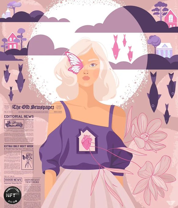 A digital illustration of a blonde woman with a butterfly covering one eye and a window displaying an anatomical heart on her chest, set against a purple landscape with falling fish and houses; text includes 'The Old Newspaper', 'EDITORIAL NEWS', 'EXTRA! ONLY NEXT WEEK', and 'IMPORTANT TEXT HERE'.