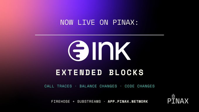 A promotional graphic announcing that "Ink Extended Blocks" is "Now Live on Pinax," highlighting features like call traces, balance changes, and code changes via Firehose and Substreams. The image supports the post by visually promoting the streaming availability of Ink's extended blockchain data on The Graph's infrastructure via Pinax.