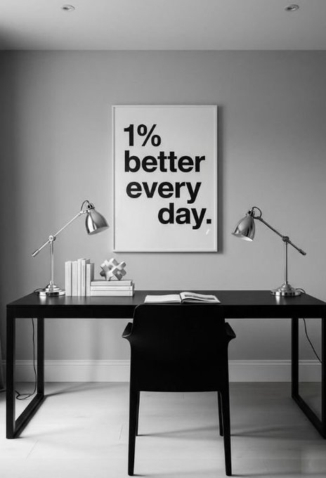 A minimalist black and white photo of a modern desk setup with a framed poster reading '1% better every day.' flanked by two silver desk lamps.