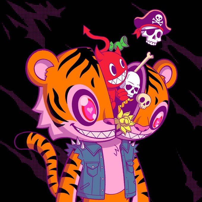 A colorful cartoon tiger character in a denim vest with a torn open head revealing a small red devil, skulls, and a sunflower, set against a black background with purple zebra-stripe patterns.