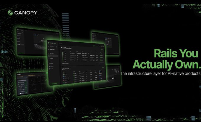 A dark green-themed advertisement for 'CANOPY' features overlapping dashboard screens and the tagline 'Rails You Actually Own. The infrastructure layer for AI-native products'.