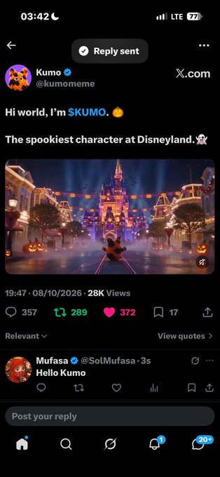 A X (Twitter) post by Kumo (@kumomeme) reading 'Hi world, I'm $KUMO. The spookiest character at Disneyland' with an image of a bear figure at a Halloween-themed Disney castle, dated 08/10/2026.