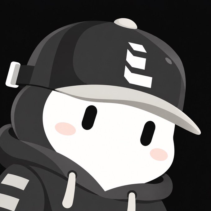 A cute white blob mascot with rosy cheeks wears a black baseball cap featuring the letter "E" and a black hoodie against a dark background, tying into the "Gm Legacy Believers" post as a cheerful greeting character.