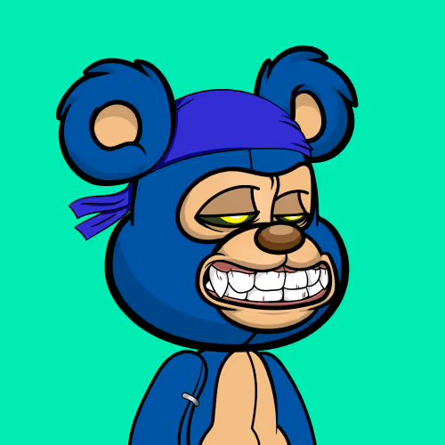 A cartoon illustration of a blue bear character wearing a blue bandana, grinning mischievously with yellow eyes against a teal background.