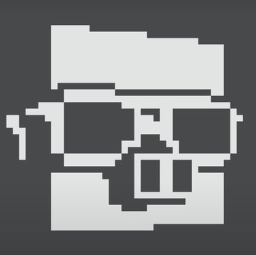 A pixelated grayscale illustration of a person's face wearing sunglasses, rendered in a retro video game aesthetic.