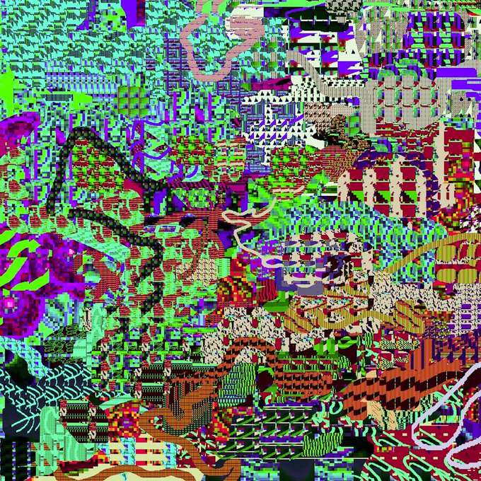 An abstract digital artwork or AI-generated image composed of chaotic, multicolored geometric patterns and pixelated textures.