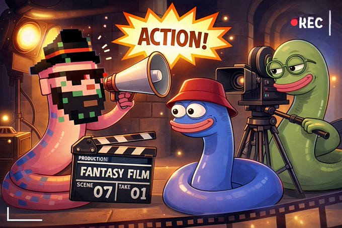 A cartoon scene of three worm-like creatures on a film set with one holding a megaphone saying 'ACTION!', a clapperboard reading 'PRODUCTION: FANTASY FILM SCENE 07 TAKE 01', and a green worm operating a camera with a 'REC' indicator.