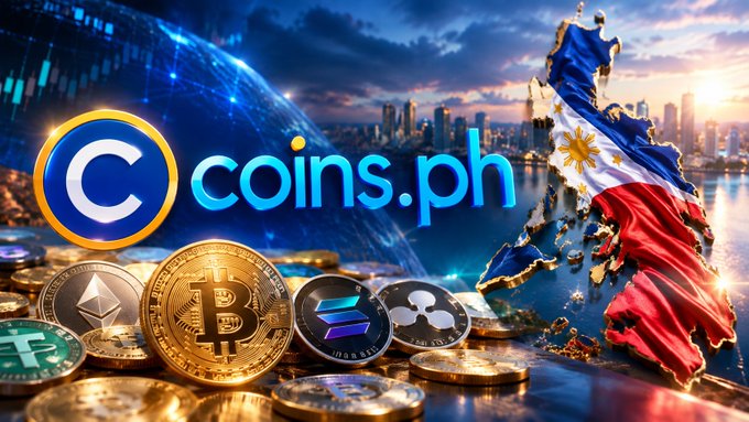 A graphic showing the Coins.ph cryptocurrency platform with its logo, various crypto coins including Bitcoin and Ethereum, the Philippine flag, and a city skyline in the background.