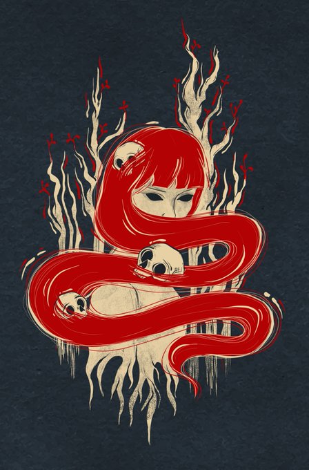 The same red-haired figure illustration with skulls and flame tendrils against a dark background.