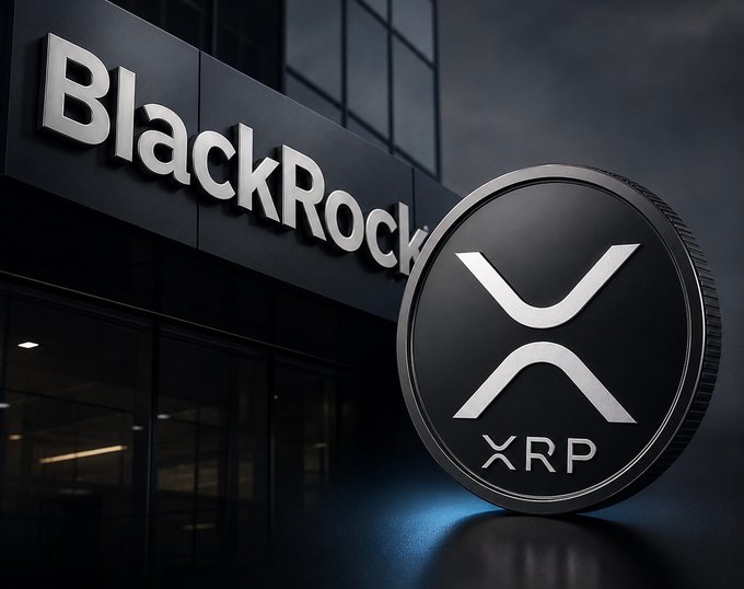 A stylized digital image shows the BlackRock corporate logo on a glass building facade next to a large metallic XRP coin, symbolizing speculation that capital flowing out of BlackRock's Bitcoin holdings could redirect toward XRP. The accompanying post questions whether $200M in dumped BTC will flow into the $XRP token.