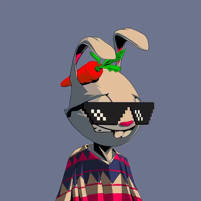 A 3D-rendered cartoon rabbit character with a carrot on its head wears pixelated 'deal with it' sunglasses and a colorful geometric patterned sweater against a gray background.