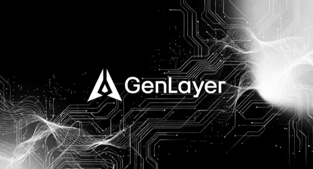 The image features a black background with white lines and shapes that resemble circuits or computer chips, giving off an electronic vibe. The text "GenLayer" is written in white letters at the bottom of the image. Below this, there's some additional text that reads "Good morning, fam Al is powerful, but nobody wants critical decisions to depend on a single model When a conventional Al controls smart contracts, a single hallucination can cost real money @GenLayer solves this with LLM validator consensus: instead of relying on one Al," which seems to be related to the content of the image.
