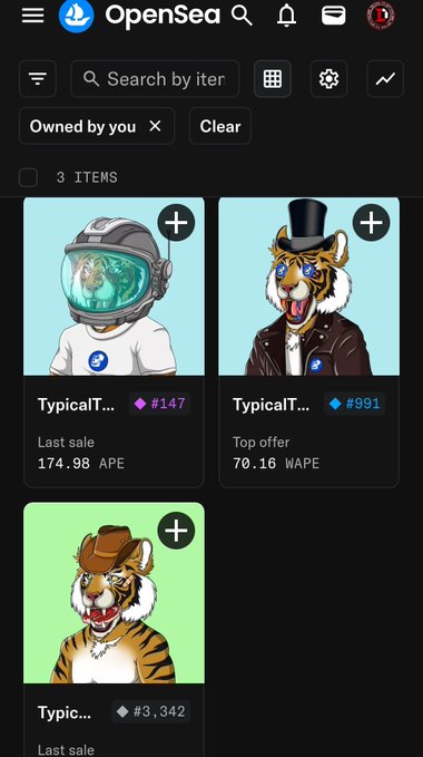 An OpenSea NFT marketplace screenshot showing 3 items owned by the user, including a typical astronaut NFT (#147) and typical tiger NFTs (#991, #3,342) with APE and WAPE price listings.