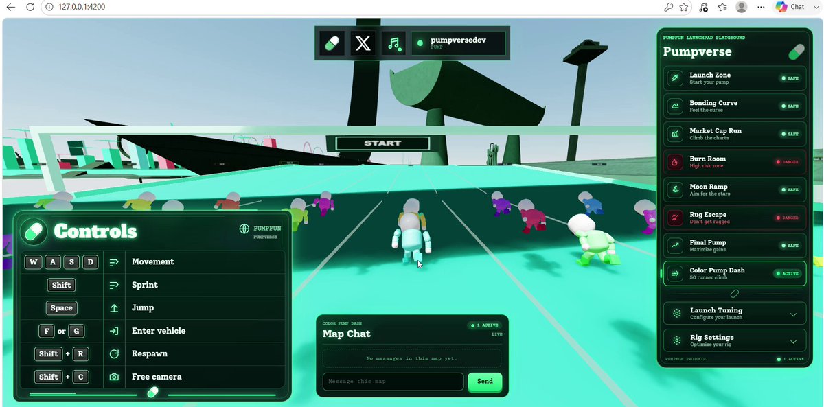 The image shows a computer screen displaying a video game interface with various controls, including options for chat features and gameplay modes. The game appears to be a pump-and-play game that allows players to interact with each other through chat functions. The focus of the game is on communication and collaboration among players rather than individual achievements or competitive elements.