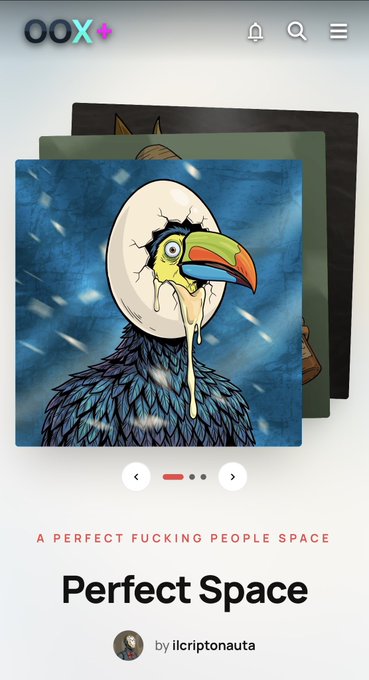 Mobile app screenshot from OKX displaying an NFT titled 'Perfect Space' by ilcriptonauta, featuring an illustration of a hornbill bird with cracked egg on its head.