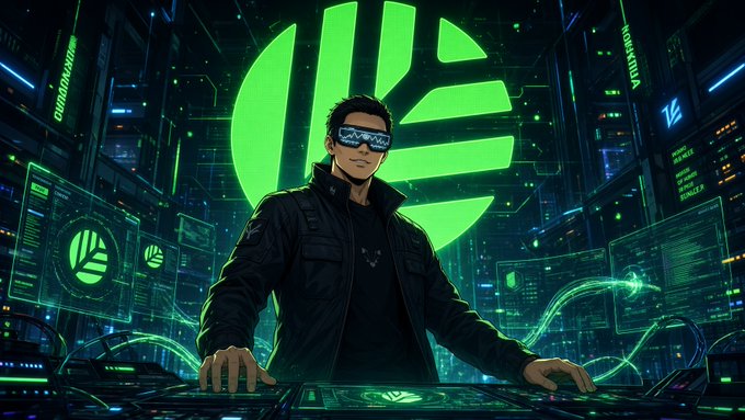 An anime-style illustration shows a character wearing futuristic goggles and a black jacket, standing at a console in a neon green high-tech environment with a large circular logo in the background.