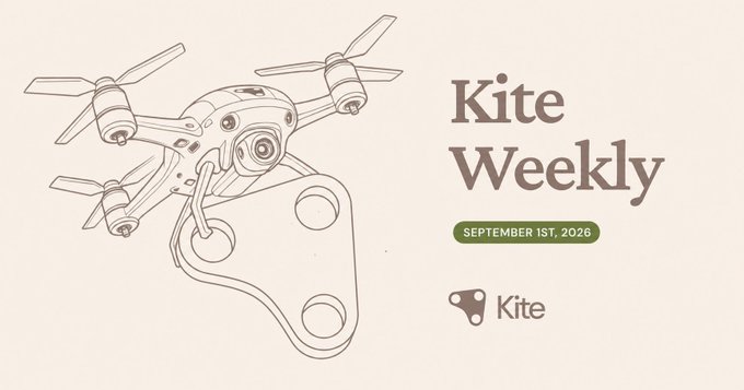 The image features a line-art illustration of a quadcopter drone carrying a kite-shaped payload, alongside the title "Kite Weekly" dated "September 1st, 2026" with the Kite logo, serving as a header for a recap of the week's activities including a KITE token migration update.