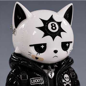 A figure wearing a glossy black leather jacket and a white cat-head mask featuring a black 8-ball design on the forehead, plus plus-sign eyes and stitched mouth, with 'LUCKY?' and skull patches on the jacket.